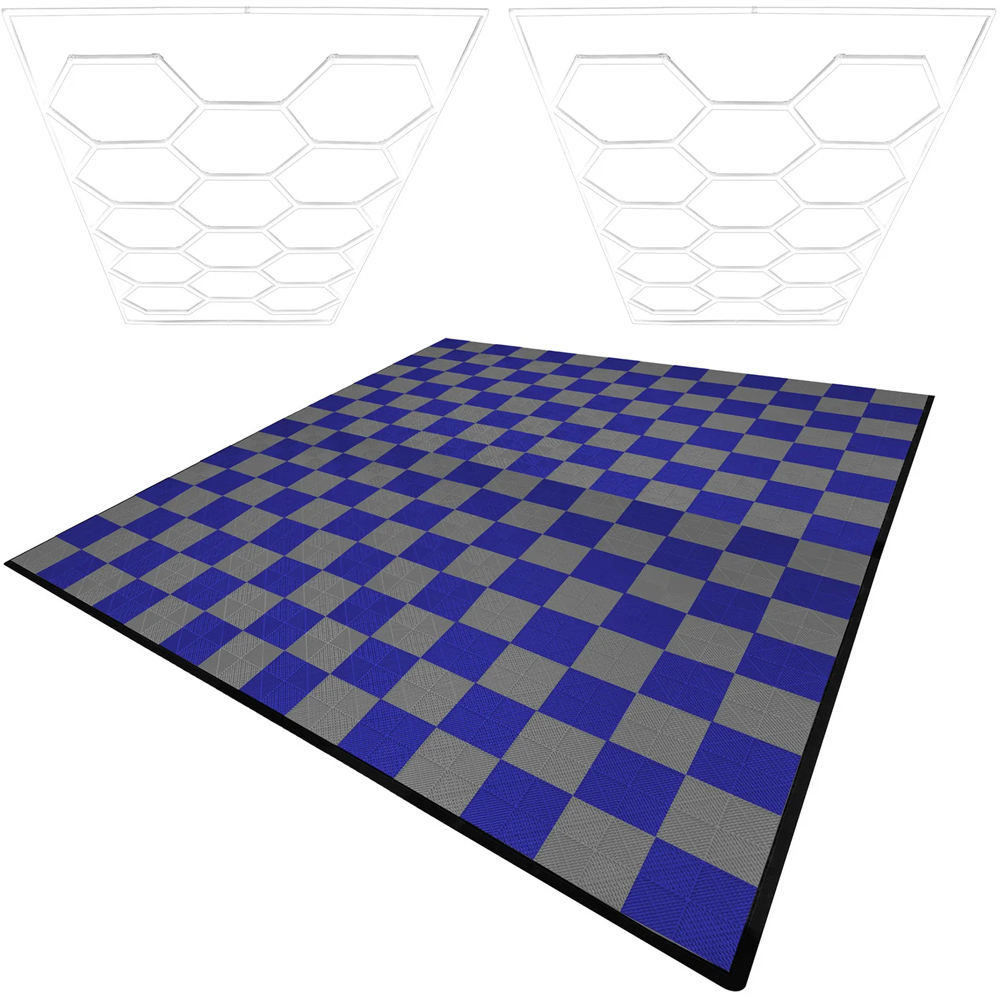 MonsterShop 120 Grey and 120 Blue Vented Garage Floor Tiles with Edges and 2 x 14 Hexagon LED Light Image 1