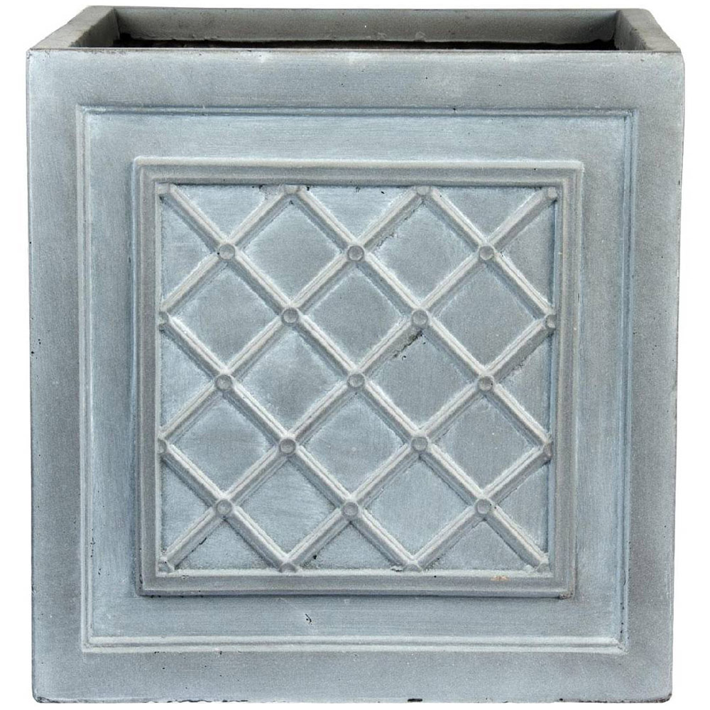 wilko Faux Lead Lattice Grey Light Fibrestone Square Outdoor Plant Pot 37cm Image 1