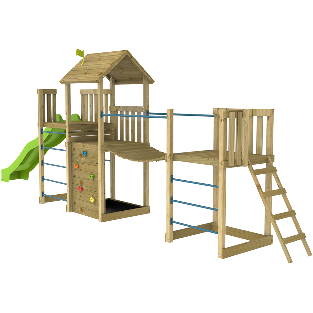 TP Skywood Kids Wooden Climbing Frame with Sky Deck Bridge Mini Tower and Wavy Slide Image 3