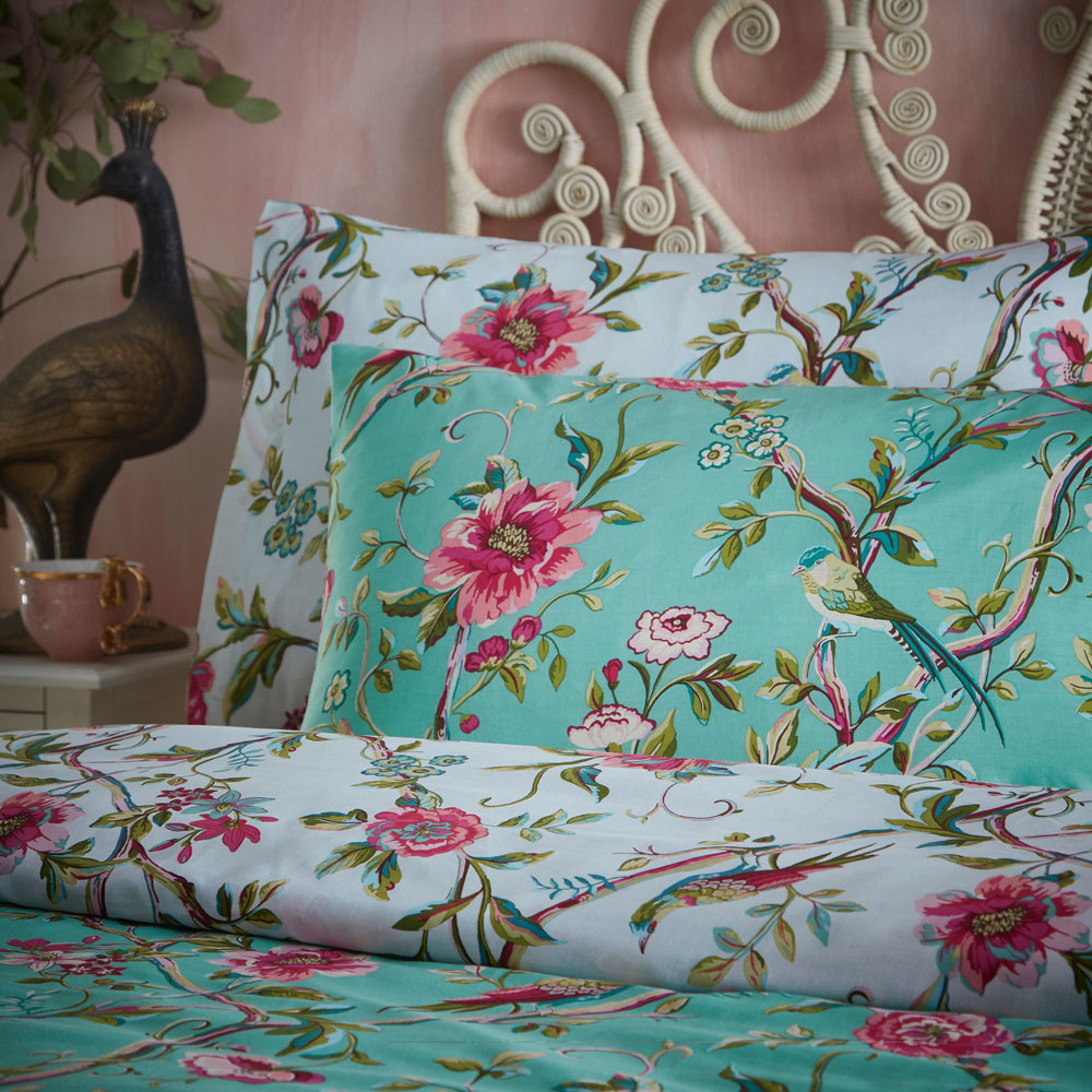 furn. Vintage Chinoiserie Floral Super King Jade Duvet Set Image 3