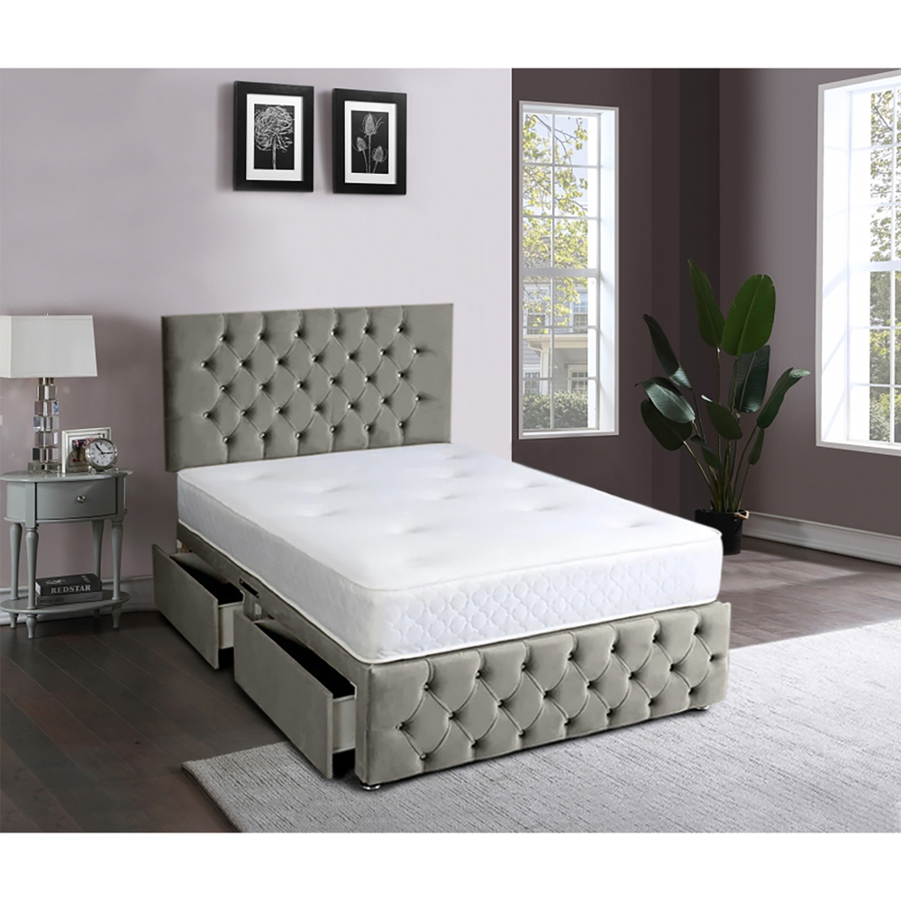 Eleganza Home Serenova Double Grey Plush Velvet 2 Drawer Divan Bed with Headboard Image 2