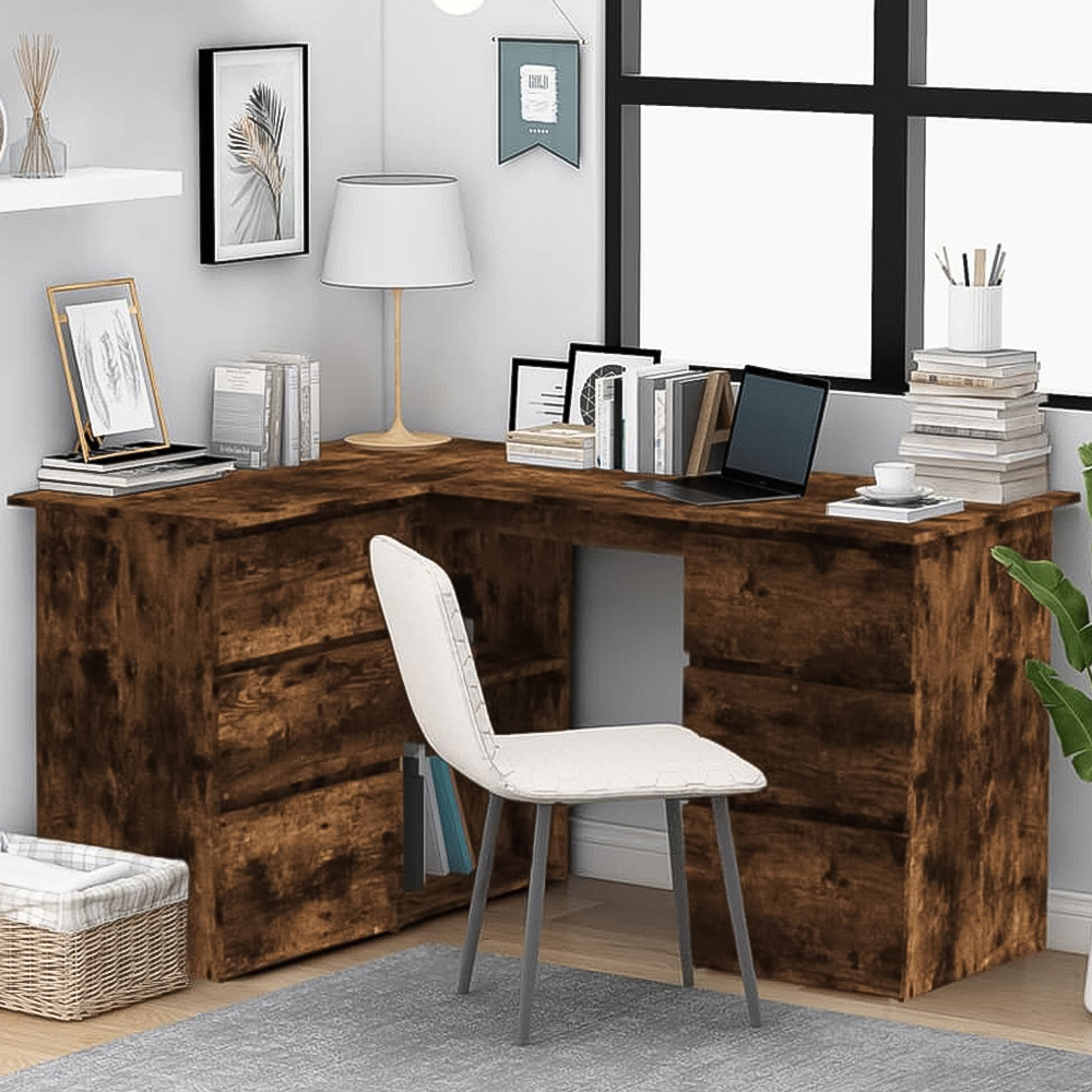 vidaXL 2 Door 4 Drawer 2 Shelf Corner Computer Desk Smoked Oak Image 1