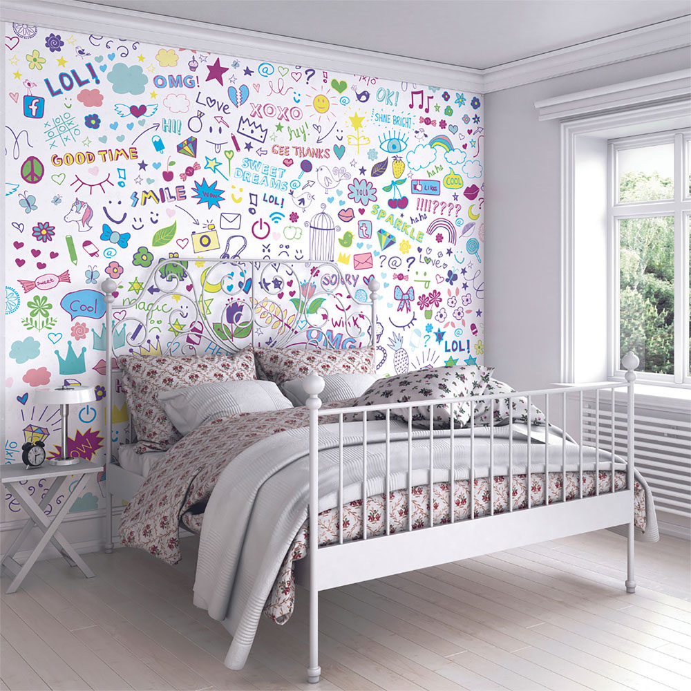Origin Murals Social Doodle Text Purple Wall Mural Image 3