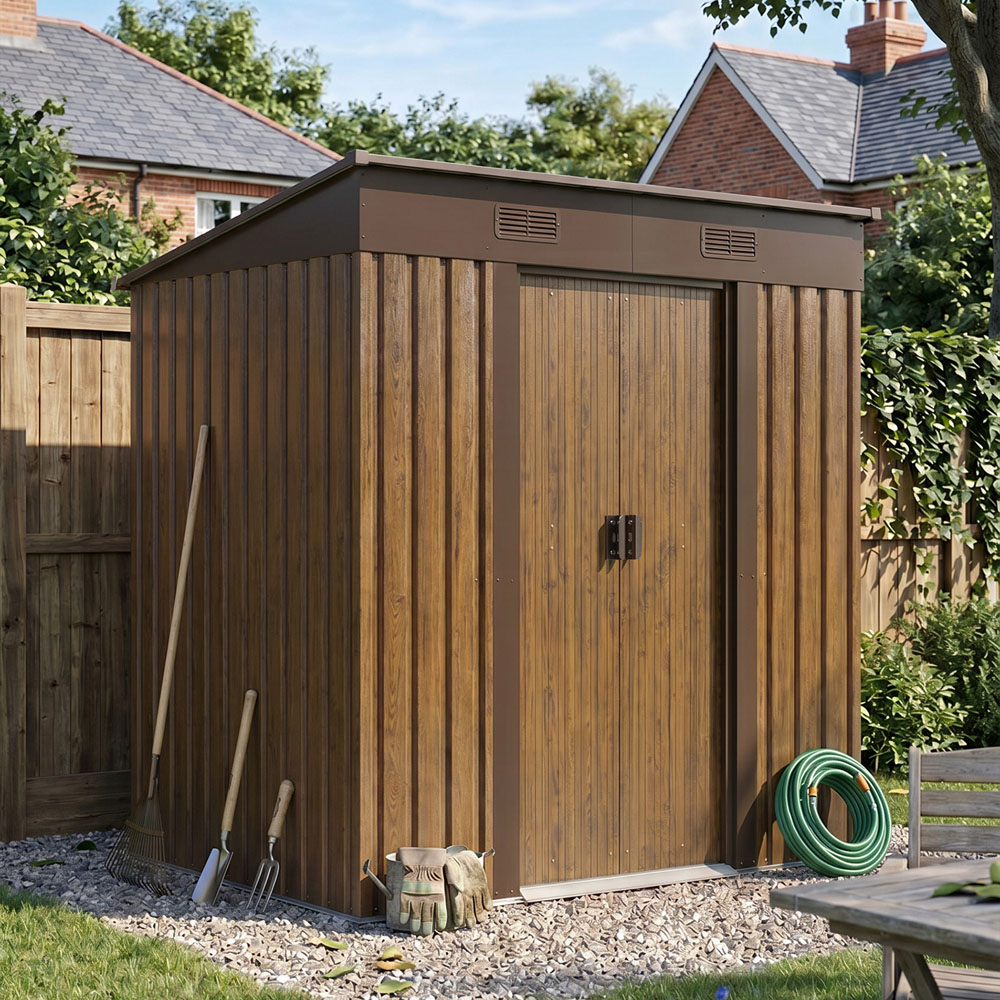 Living and Home 4 x 6ft Brown Wood-Grain Finish Metal Pent Garden Tool Shed Image 2