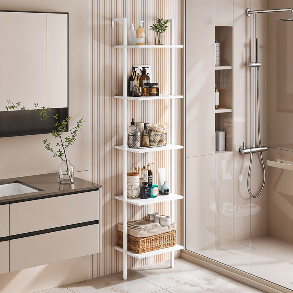 Living and Home 5-Tier White Bathroom Ladder Shelf with Metal Frame Image 2