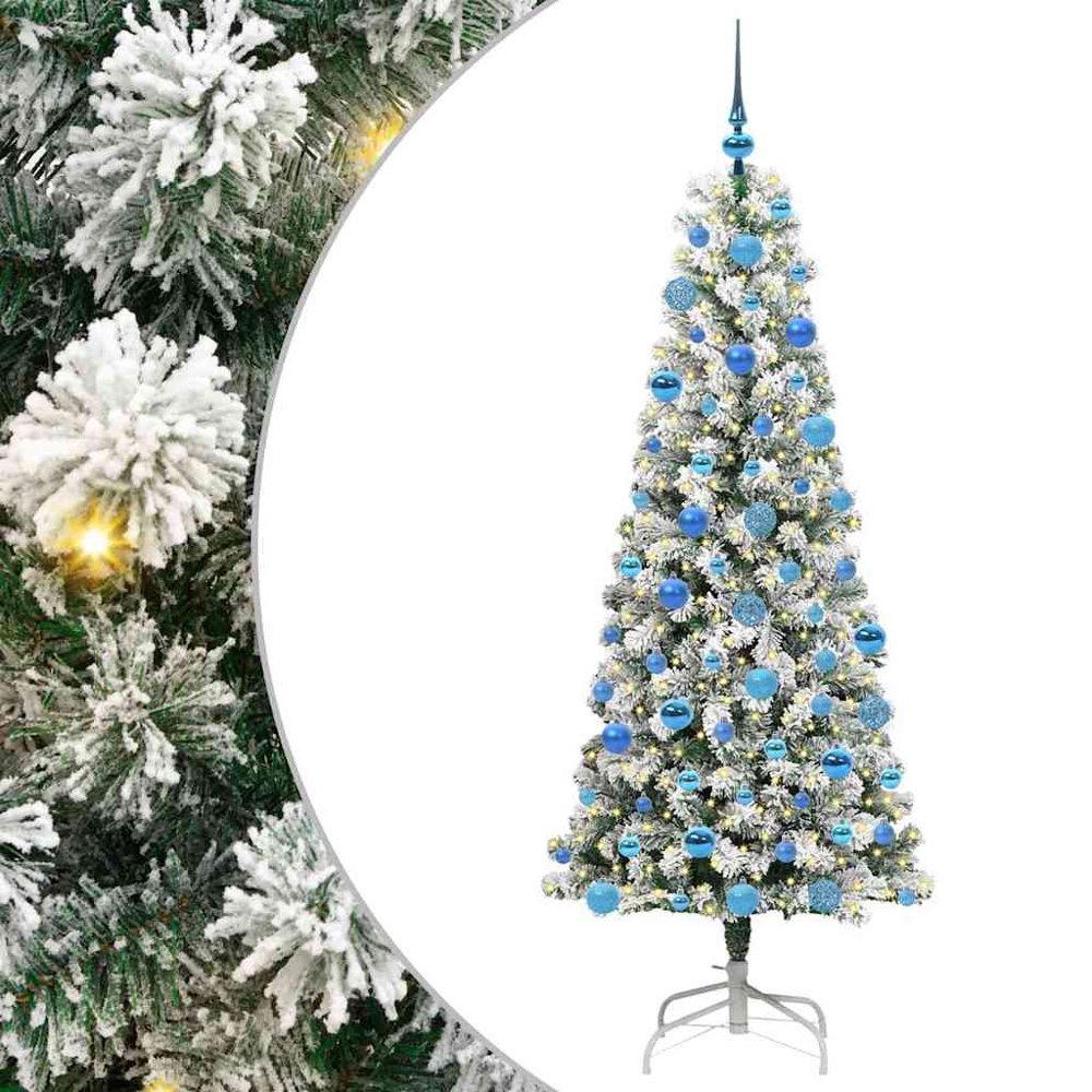 vidaXL Pre-Lit Warm White LED and Blue Baubles Snow Flocked Artificial Christmas Tree 6ft Image 2
