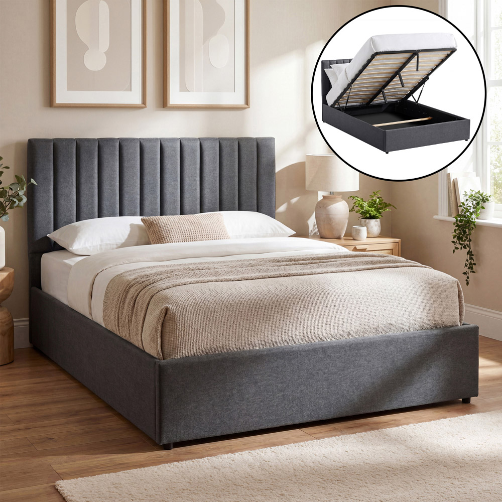 VIDA DESIGNS Vellaro Double Dark Grey Linen Fabric Ottoman Bed with Headboard and Mattress Image 5