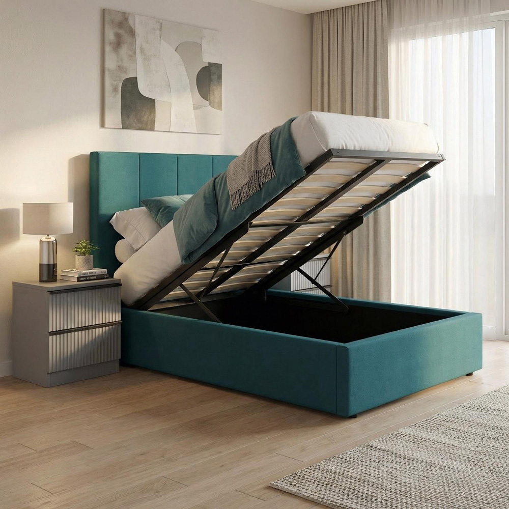FWStyle Hoscar Single Dolphin Blue Upholstered Lift-Up Ottoman Bed Frame with Ribbed Headboard Image 6