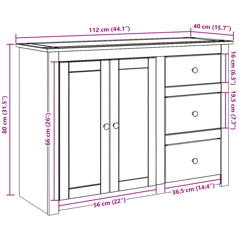 vidaXL Panama 2 Door 3 Drawer Brown Solid Pine Wood Sideboard Image 9