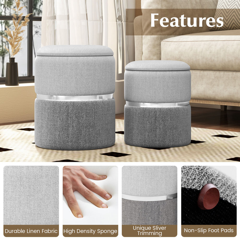 Costway Grey Round Linen Storage Ottoman Set of 2 Image 6