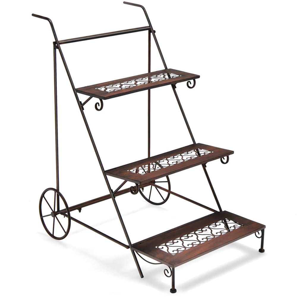 Costway 3 Tier Ladder Shaped Metal Plant Stand with Wheels and Handle Image 1