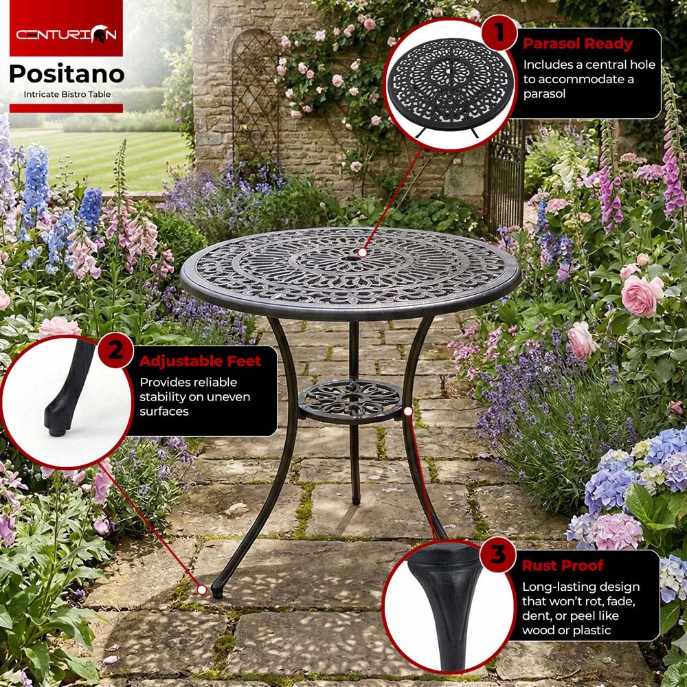 Centurion Positano 2 Seater Black Round Garden Bistro Table with Parasol Hole Image 6