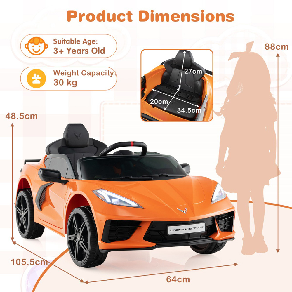 Costway Kids Orange Licensed Chevrolet Corvette C8 Electric Ride On Car with Remote Control 12V Image 8