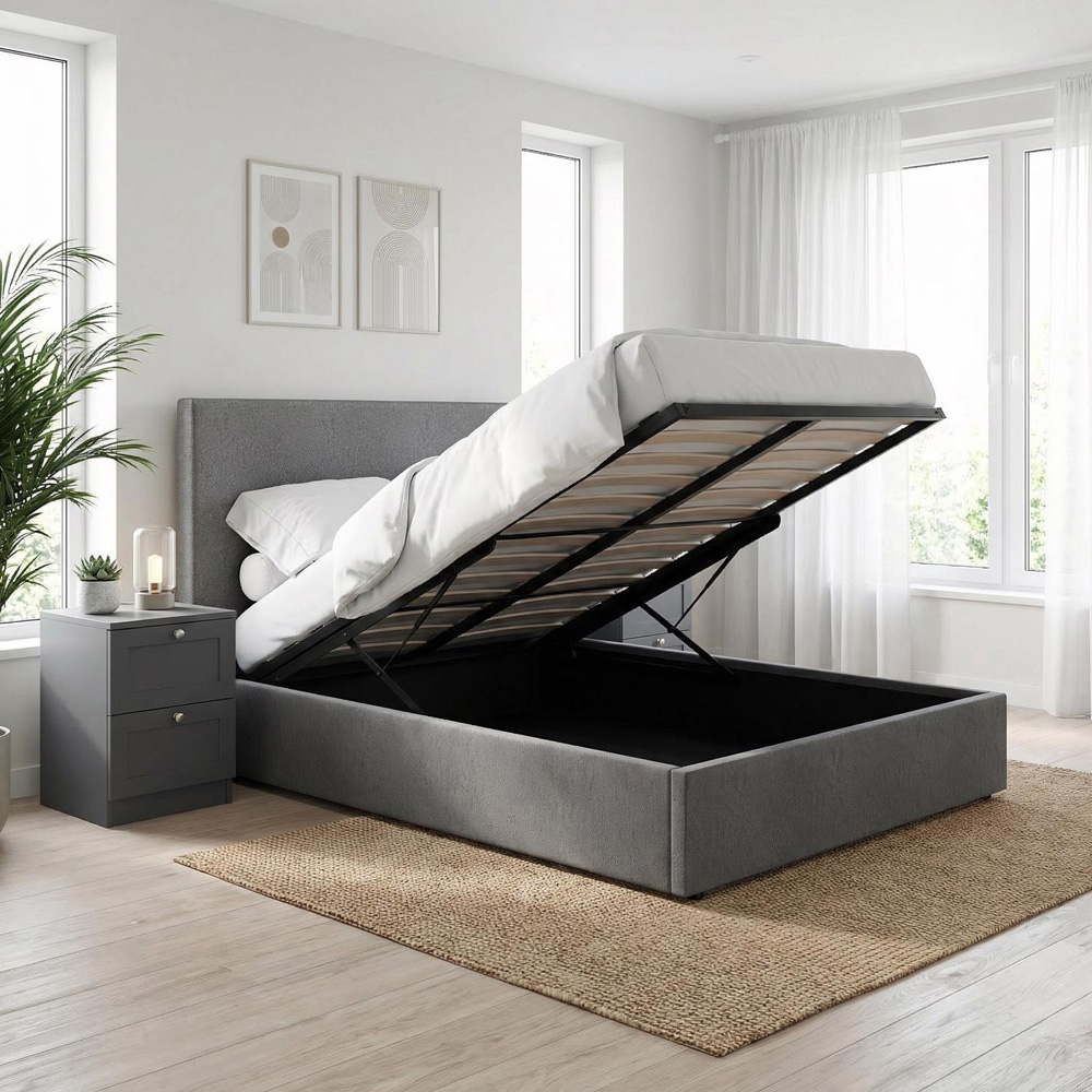 FWStyle Rufford Double Grey Fossil Front Lift Ottoman Bed Frame with Padded Headboard Image 2