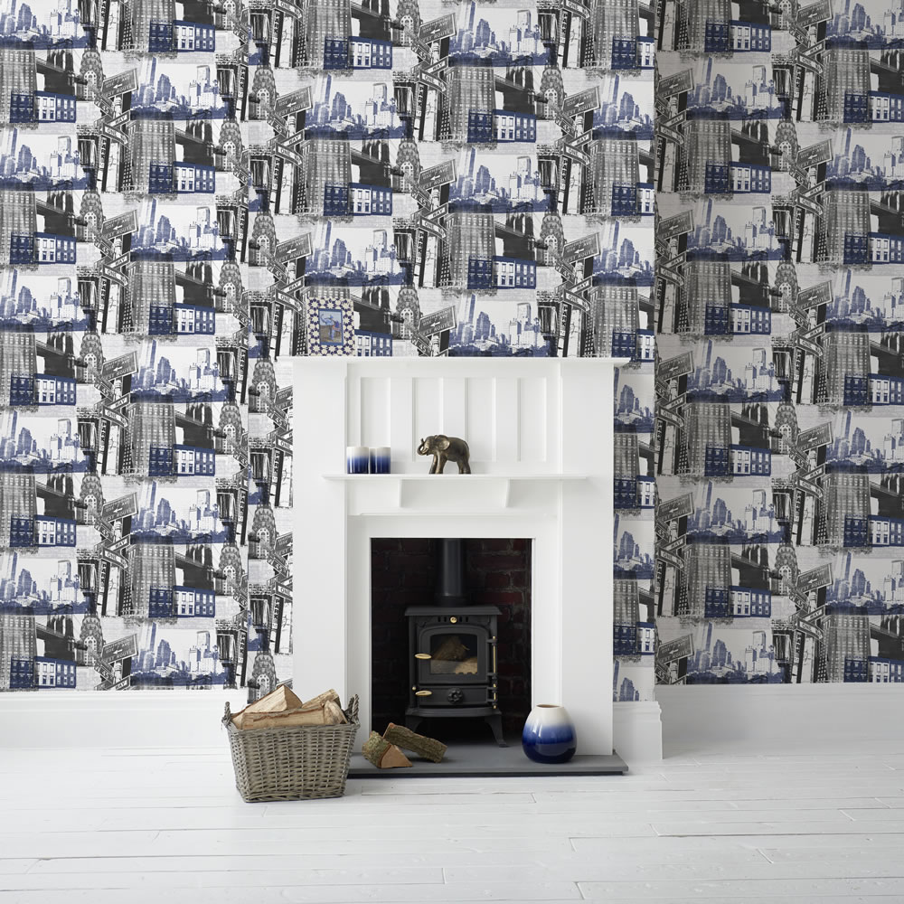 Fresco New York Blue and Black Wallpaper Wilko