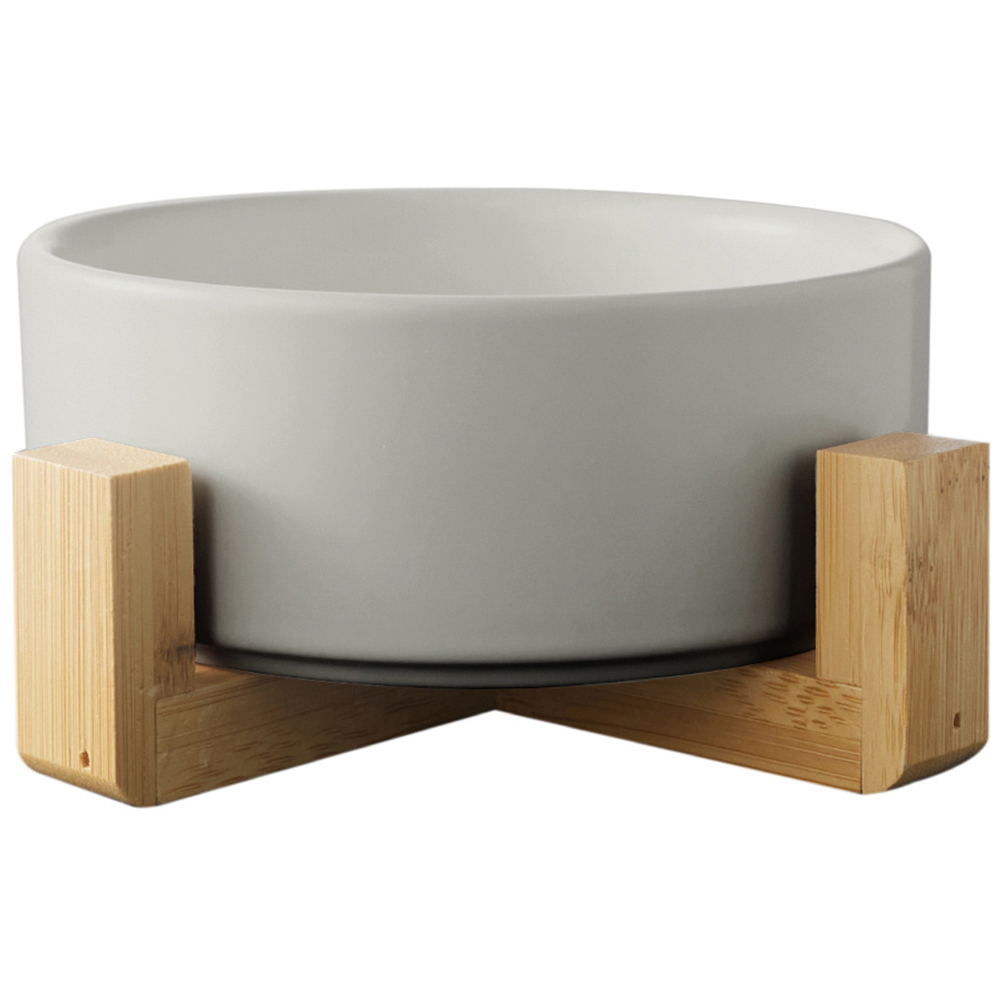 H&O Direct Grey Ceramic Bowl Pet Feeder with Wooden Stand Image 1