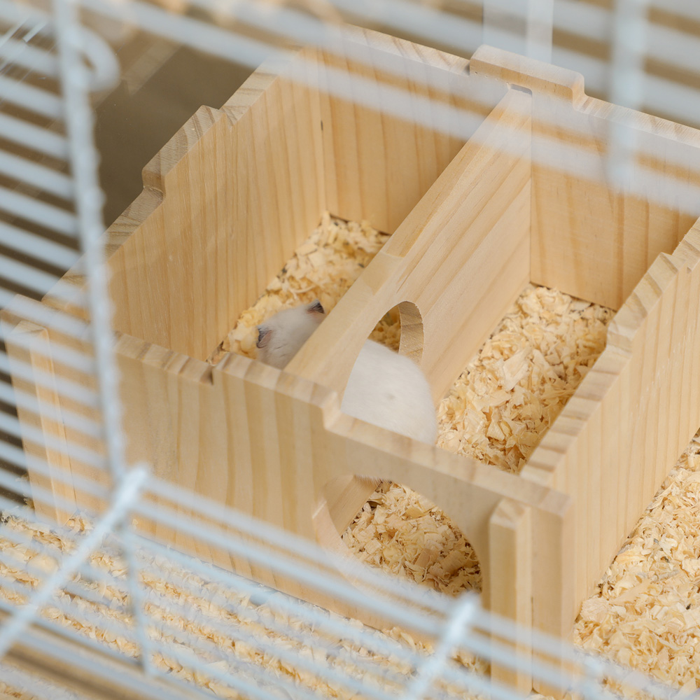 PawHut White and Natural Hamster Cage with Wooden Ramp and Exercise Wheel Image 3