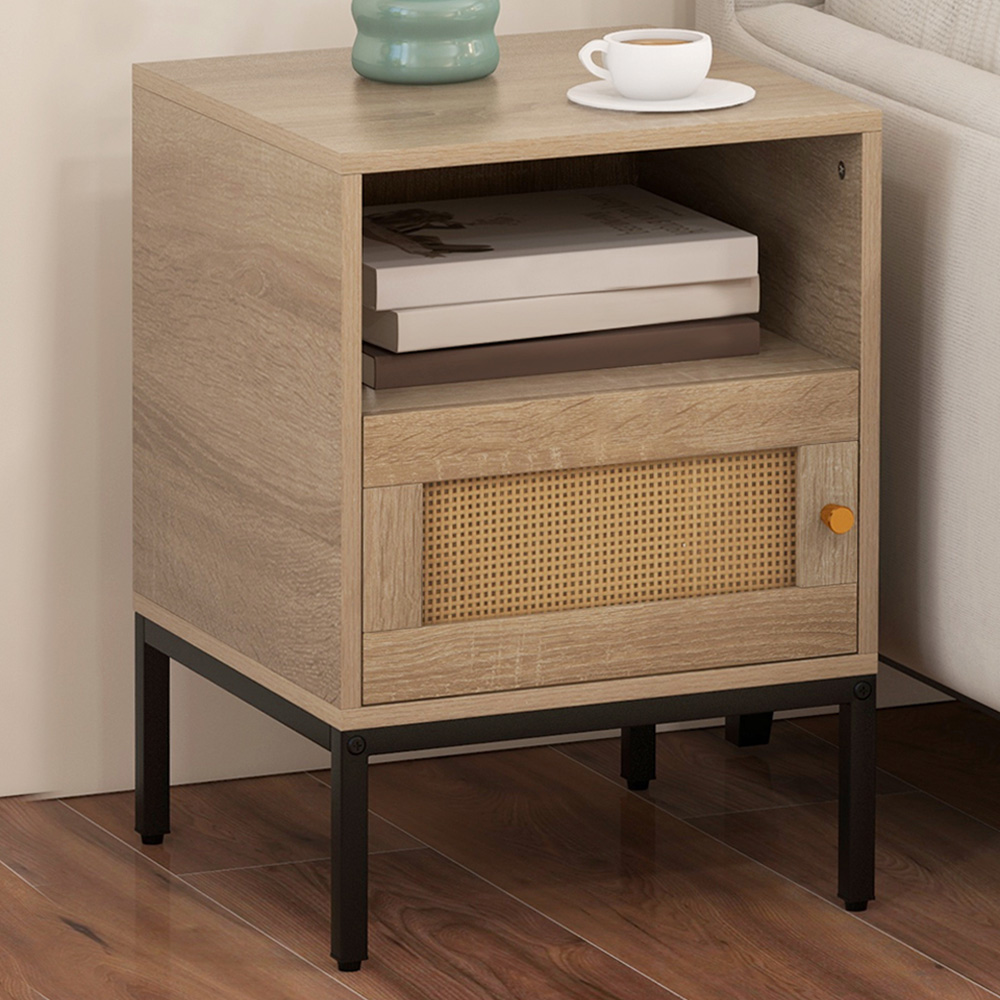 Costway Single Door Natural Home Boho Style Nightstand Accent Cabinet Image 1