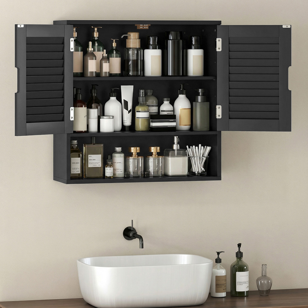 Portland 2 Door Single Shelf Black Wall-Mounted Bathroom Storage Cabinet Image 3