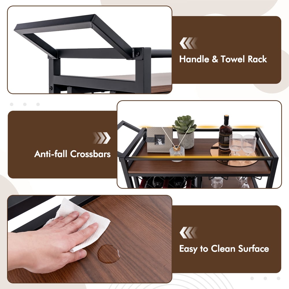 Costway 3 Shelf 8 Bottle Walnut Bar Serving Cart with Wine Racks Image 8