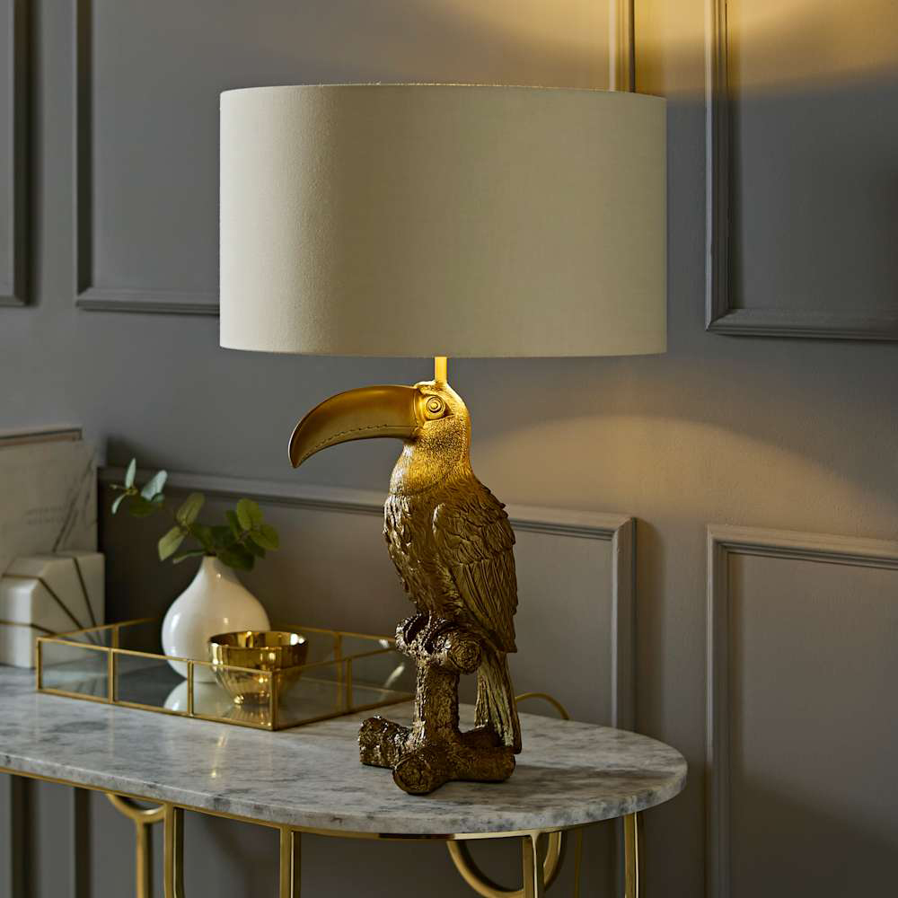 ValueLights Tuki Toucan Gold and Beige Velvet Shade Brushed Bronze Table Lamp with Bulb Image 2