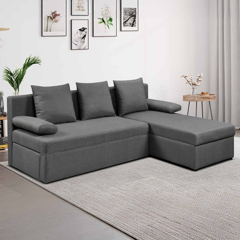 Comfy Living 3 Seater Grey Linen L Shaped Corner Sofa Bed with Storage Image 1