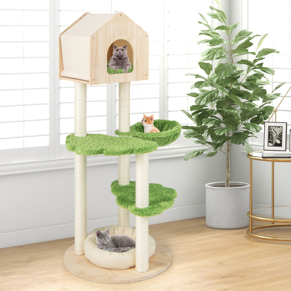 Costway Green Wooden Cat Tree with Sisal Scratching Posts 139cm Image 2