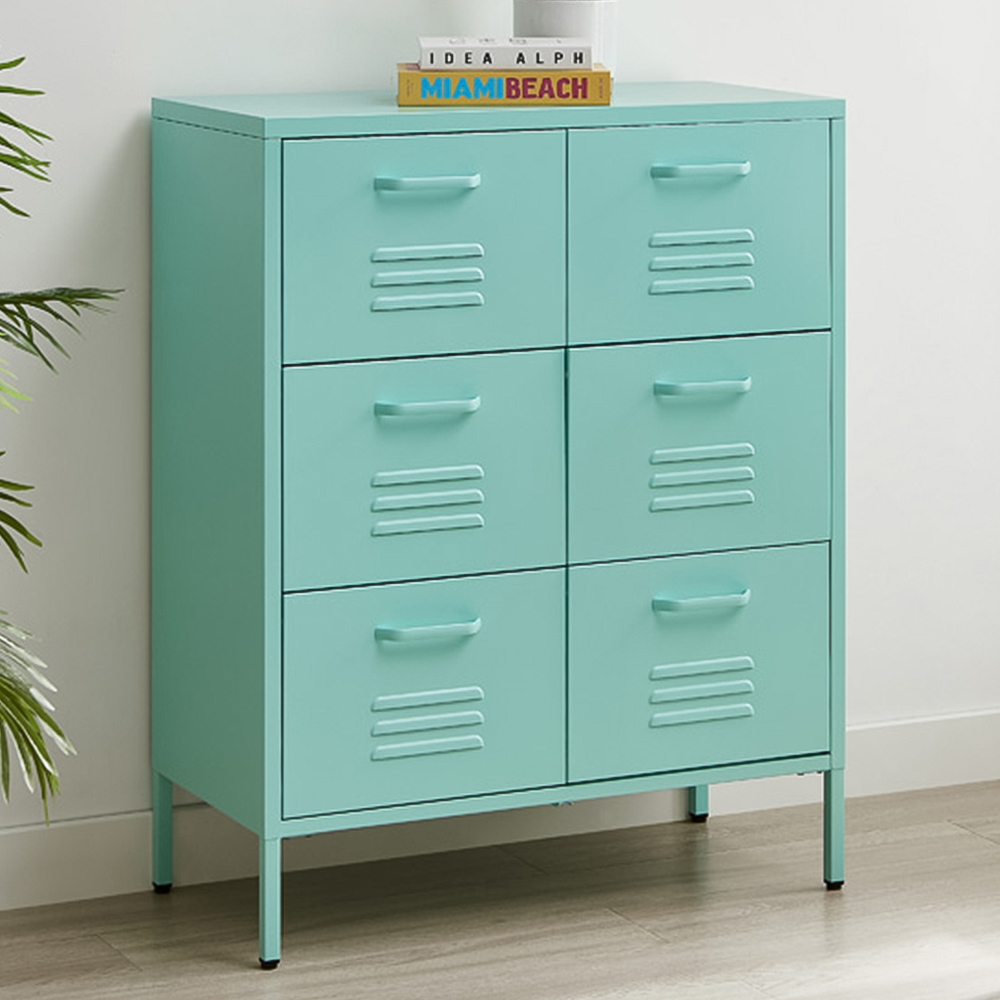 Furniturebox Theo 6 Drawer Light Blue Metal Sideboard Image 1