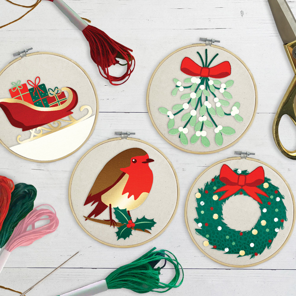 Sew & So On Multicoloured Merry and Bright Embroidery Hoop Decorations Set 8 inch Image 3