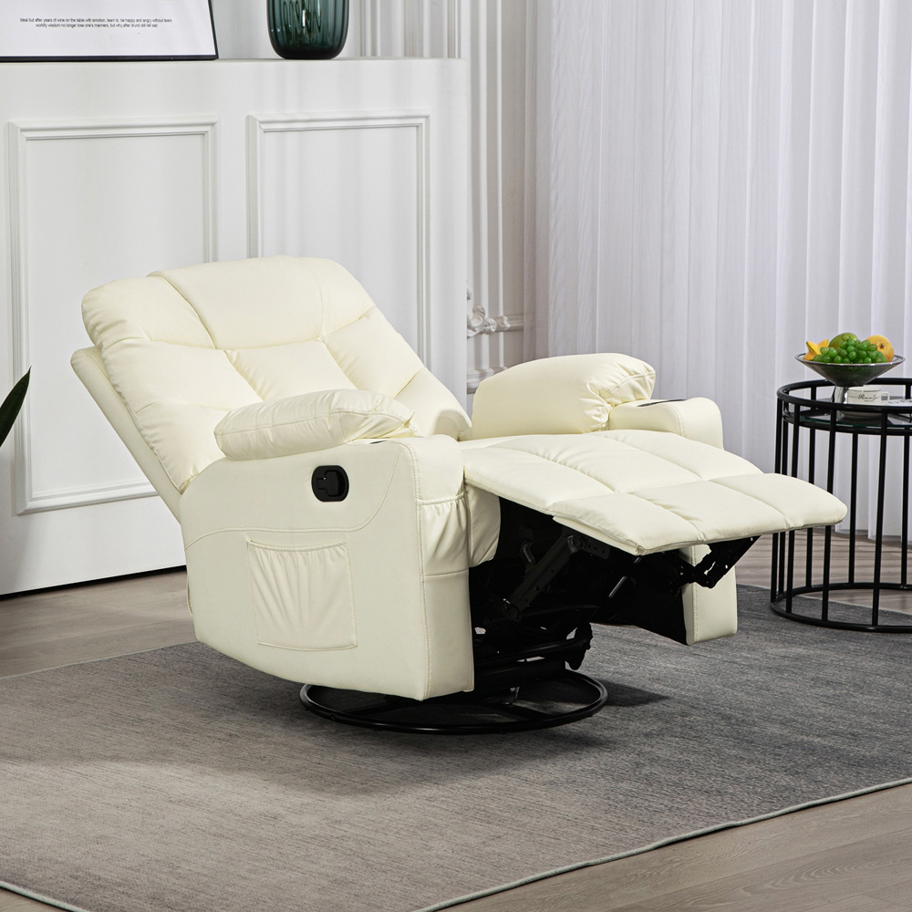 HOMCOM Cream White PU Leather Swivel Manual Recliner Armchair with Adjustable Leg Rest Image 4