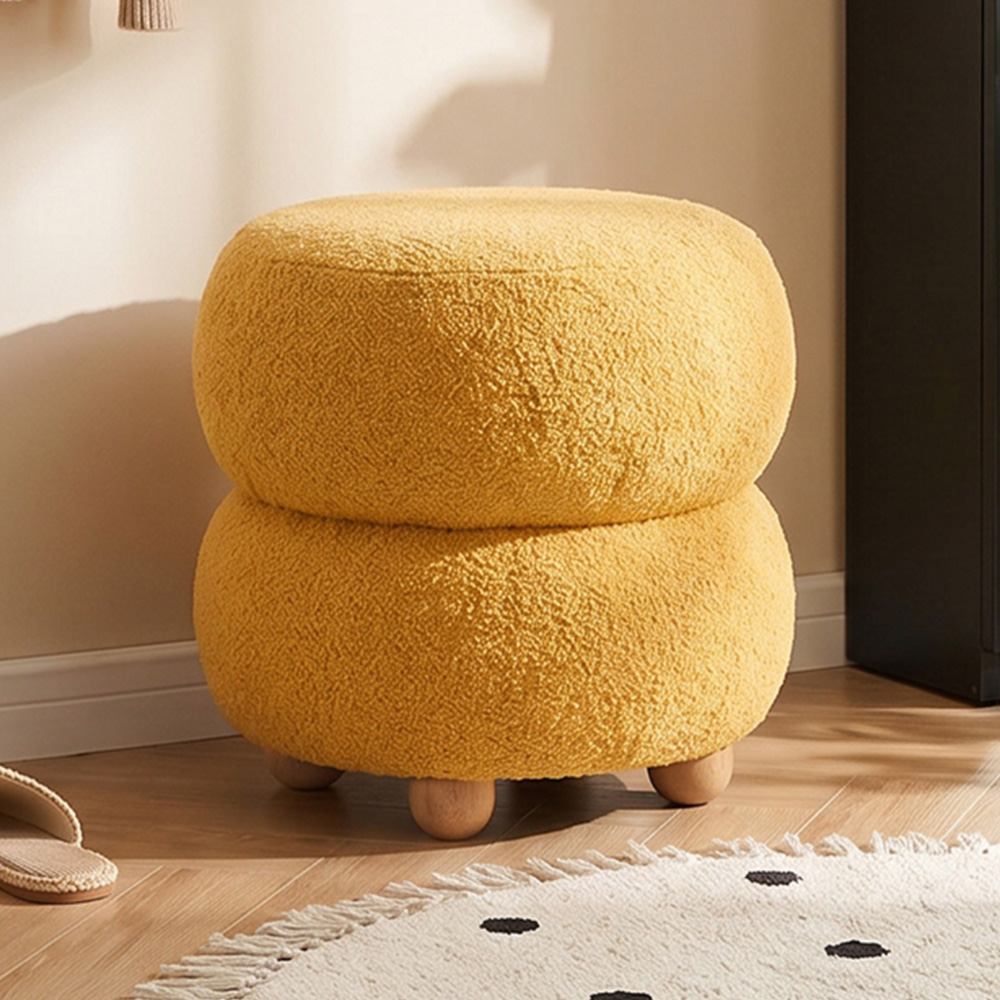 Living and Home Yellow Teddy Fleece Double Layer Round Footstool Image 1