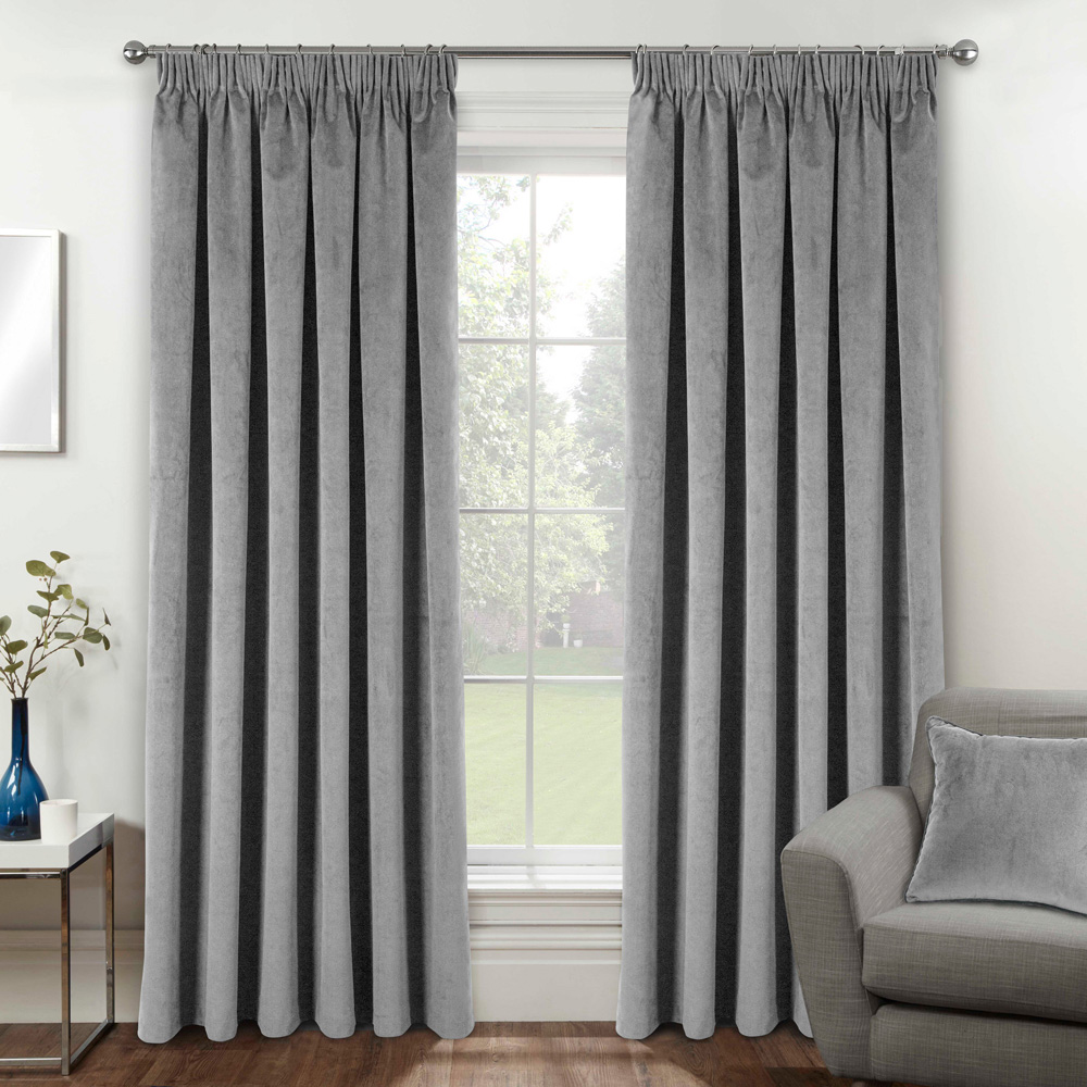 Enhanced Living Oxford Grey Thermal Blackout Pencil Pleat Velvet Curtains 117 x 137cm Image 1