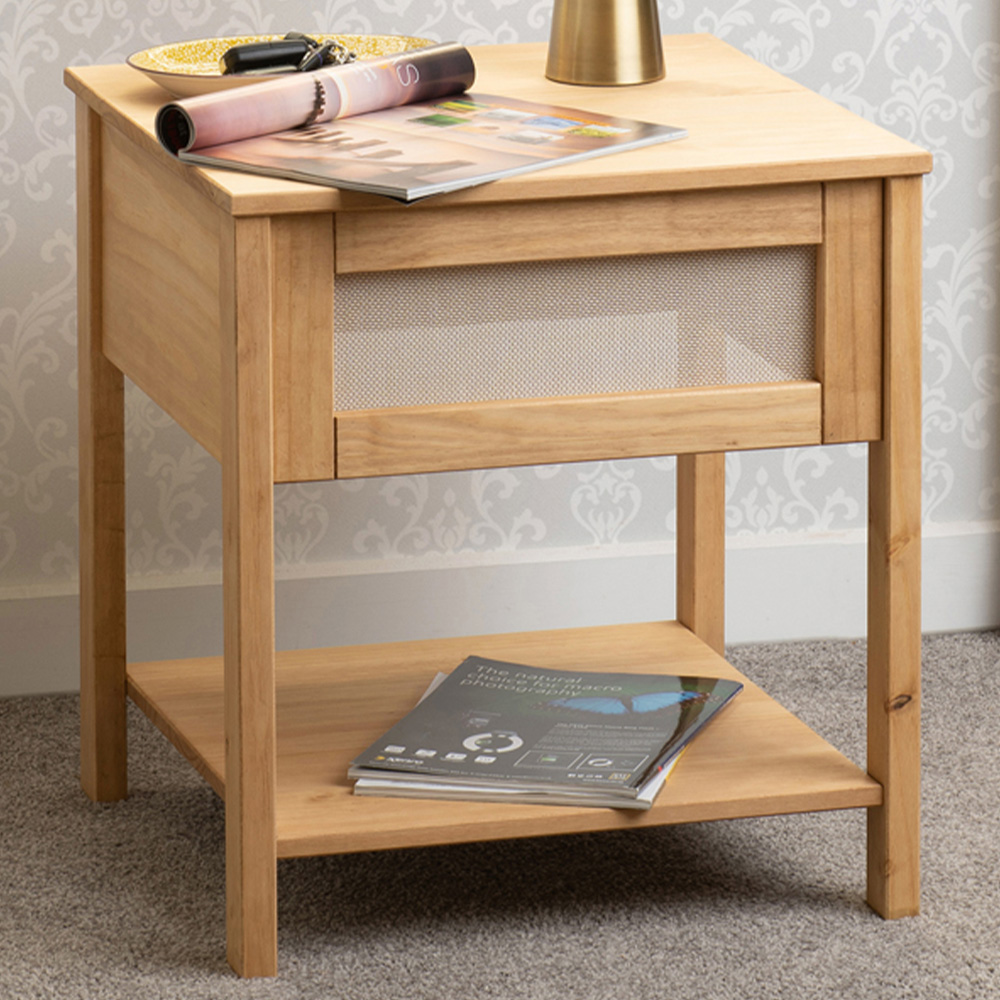 Seconique Corona Distressed Wax Pine and Rattan Effect Side Table Image 1