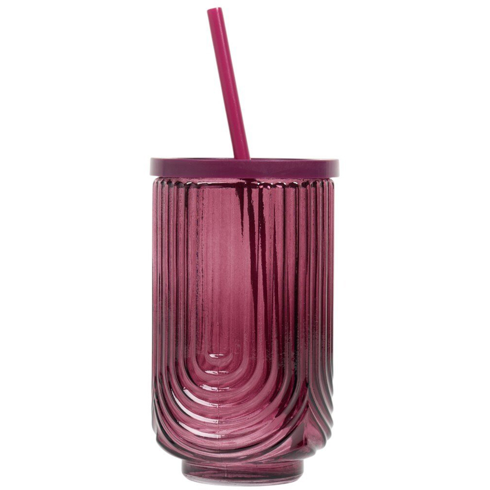Ribbed Glass with Lid and Straw Purple Image 2