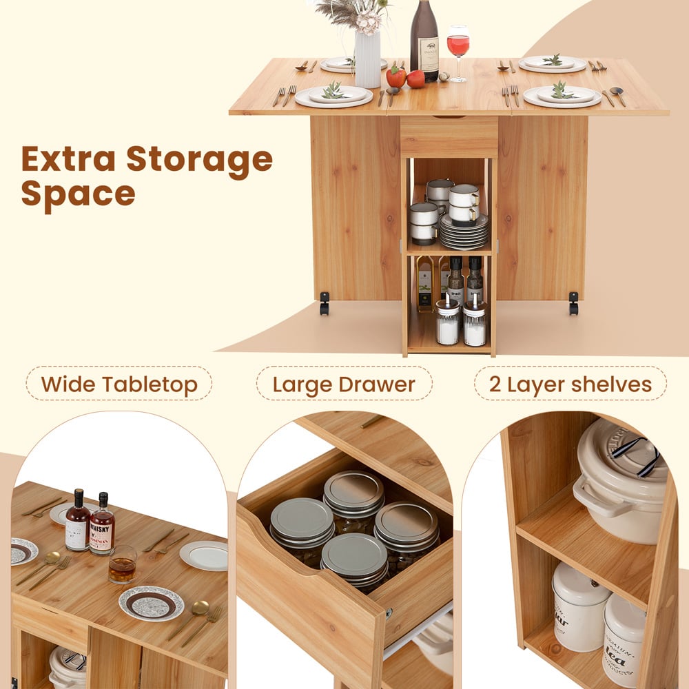 Costway 4 Seater Foldable Dining Table with Wheels Natural Image 7