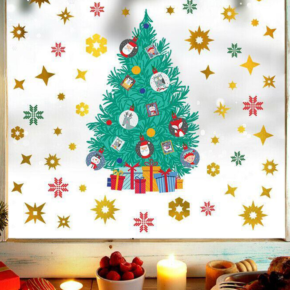 Walplus Christmas Tree and Golden Snowflakes Self Adhesive Window Stickers 75 Piece Image 2