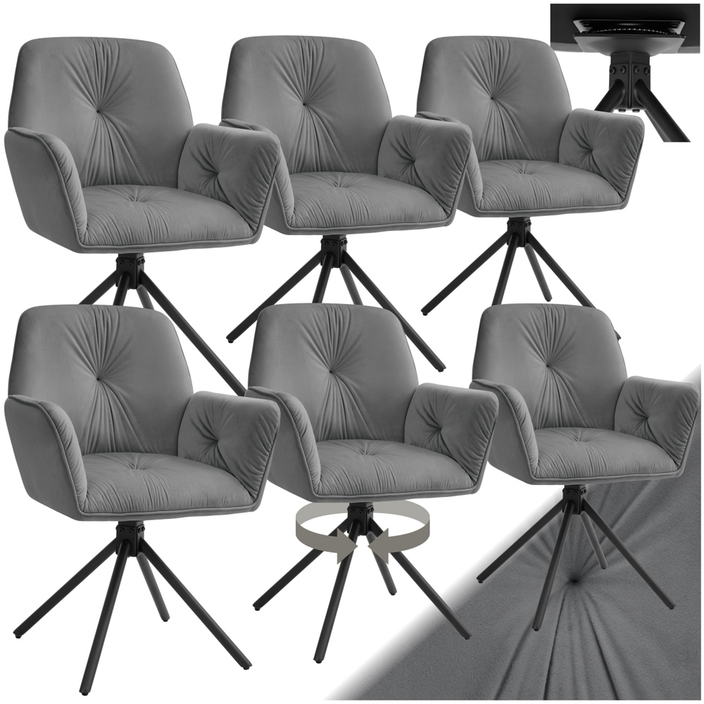 tectake Lenia Set of 6 Anthracite and Black Velvet Swivel Chair Image 2