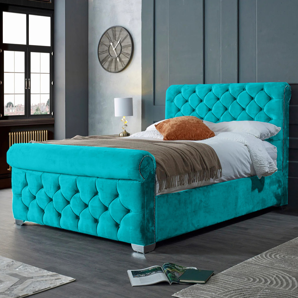 Eleganza Home Veneta Super King Size Teal Plush Velvet Bed Frame with Chesterfield Headboard Image 1