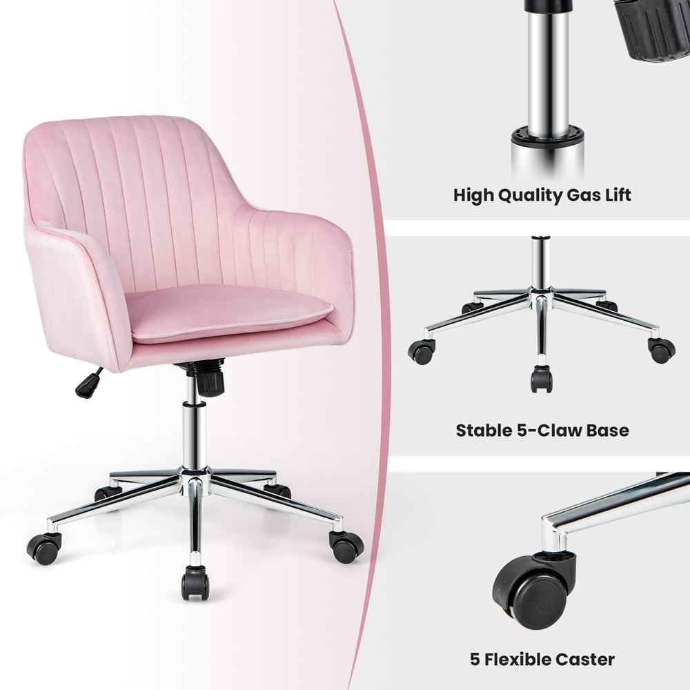 Costway Pink Velvet Adjustable Swivel Accent Chair with Wheels Image 6