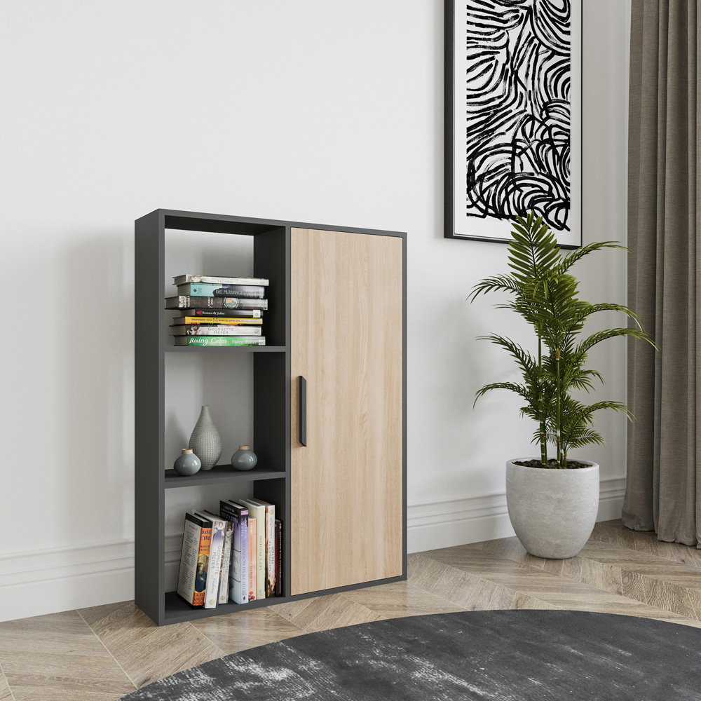 Decorotika Patrick Single Door 3 Shelf Anthracite and Oak Bookcase Image 3