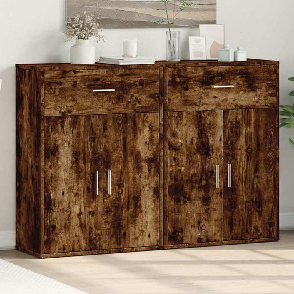 vidaXL 2 Door Single Drawer Smoked Oak Sideboard Set of 2 Image 1
