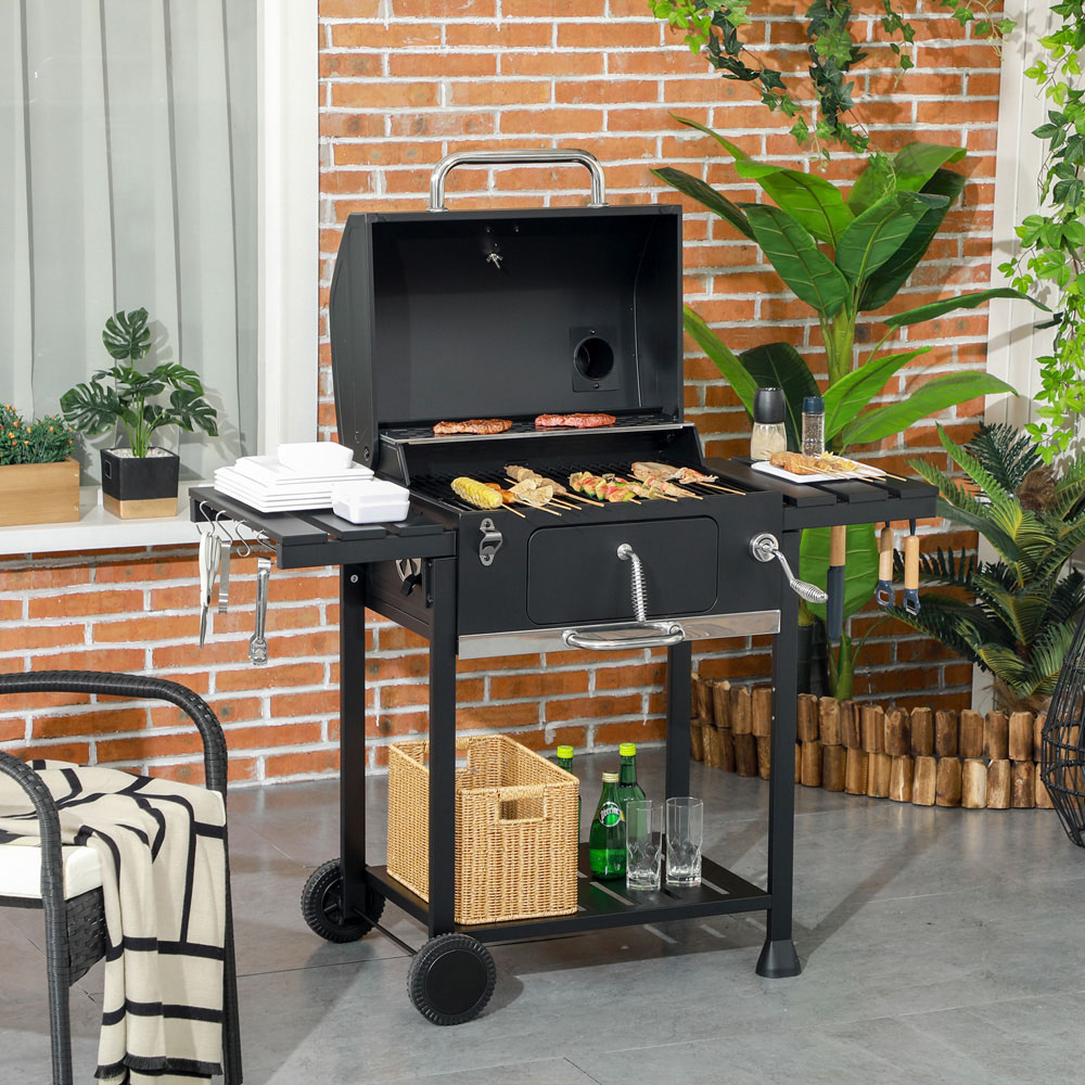 Outsunny Charcoal Barbecue Grill Trolley with Thermometer Image 2