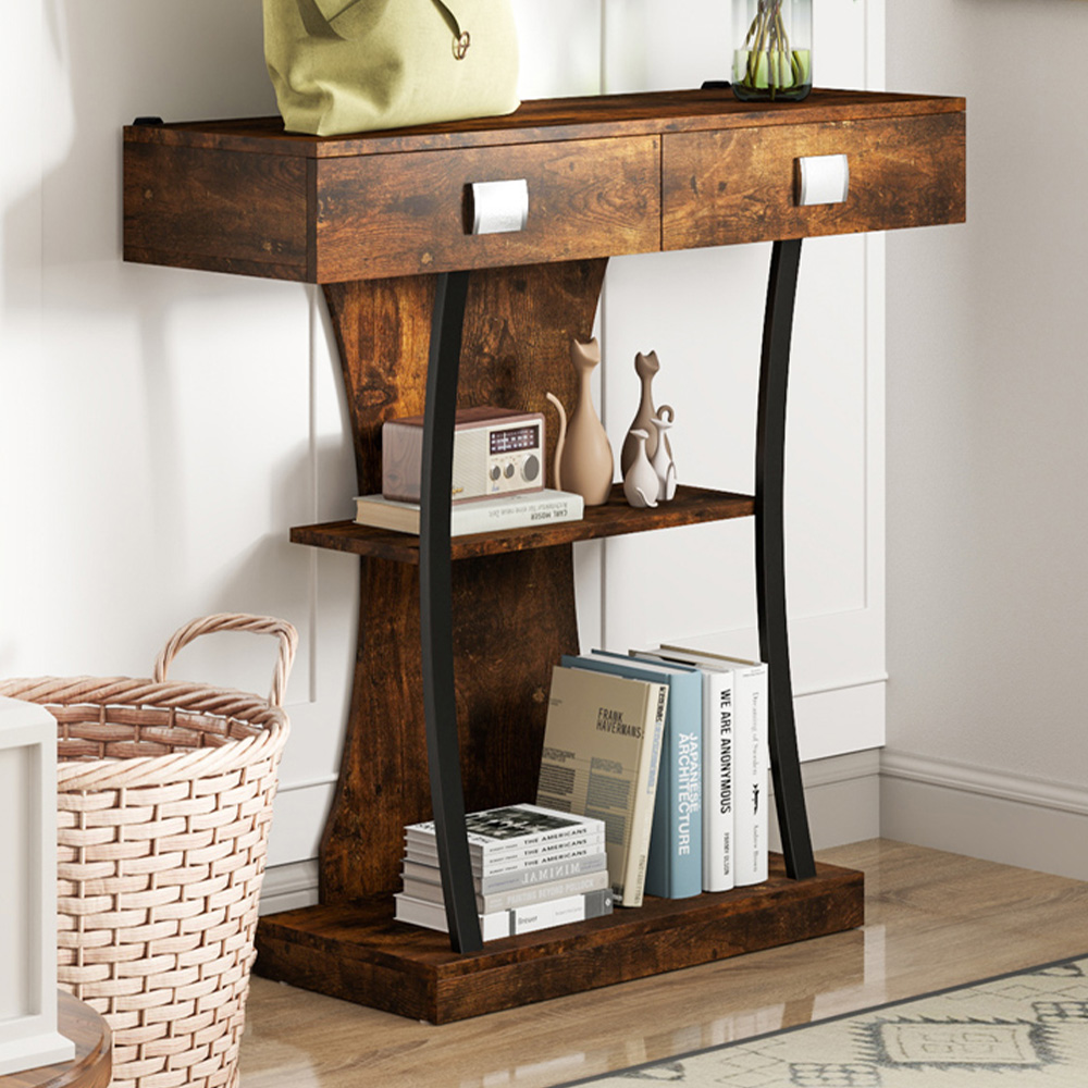 Costway Rustic Brown T Shape Console Table Image 1