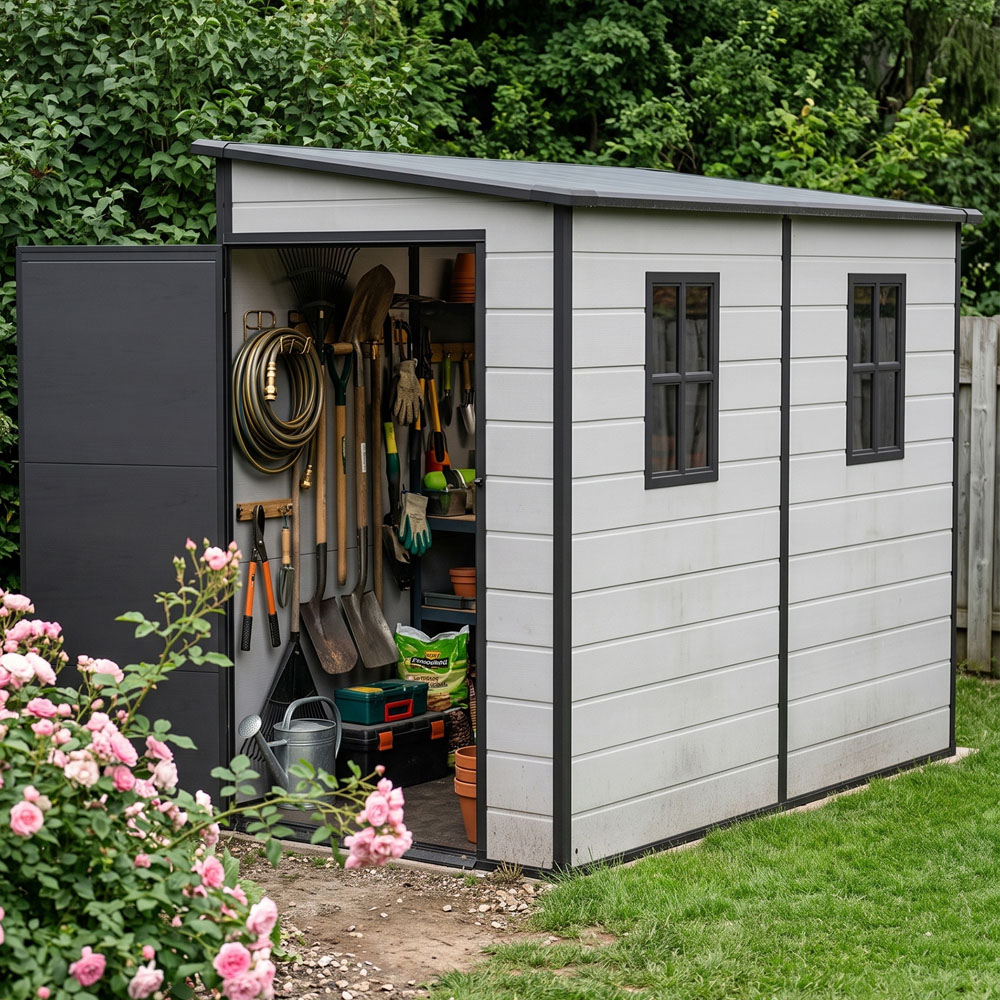Living and Home 8 x 4ft Plastic Pent Roof Garden Storage Shed with Windows and Floor Image 7