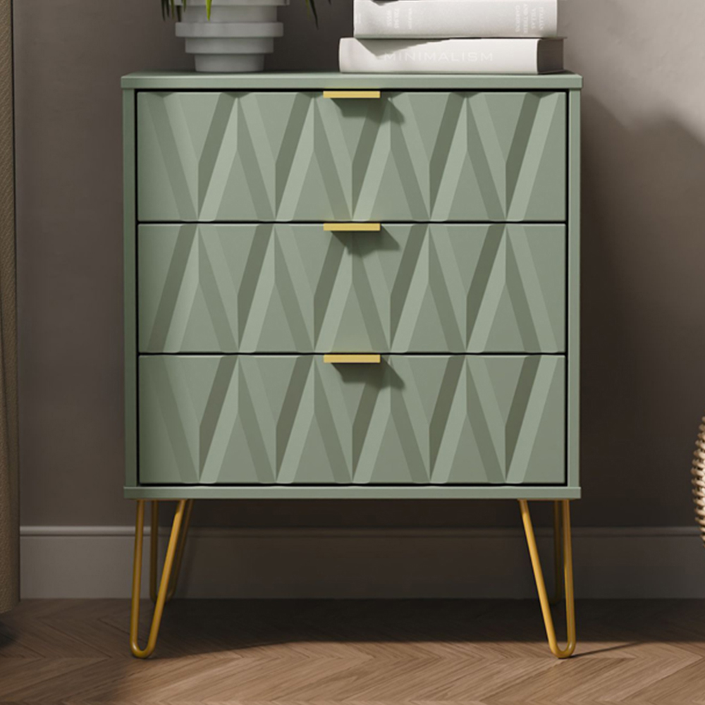Crowndale Diamond 3 Drawer Reed Green Midi Chest of Drawers Ready Assembled Image 1