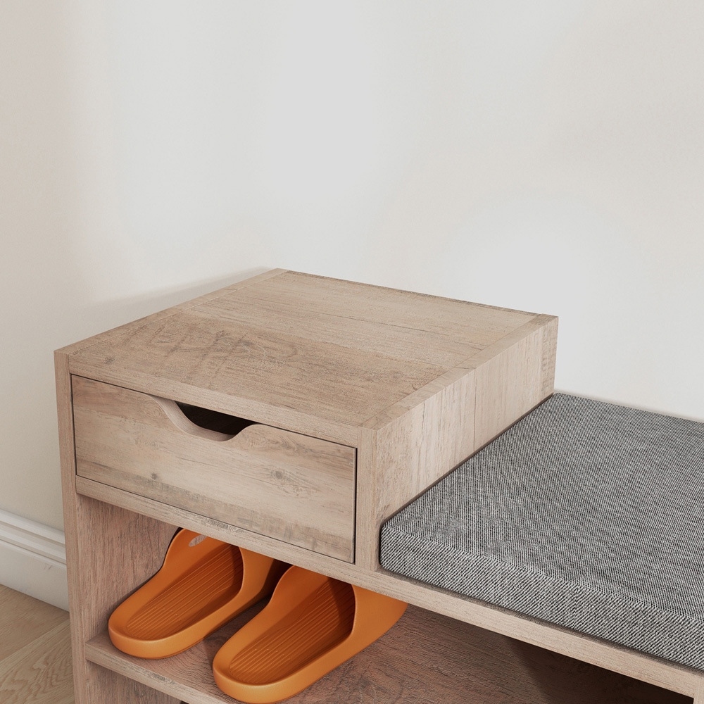 HOMCOM Single Drawer 3 Shelf Distressed Grey Upholstered Shoe Bench Image 3