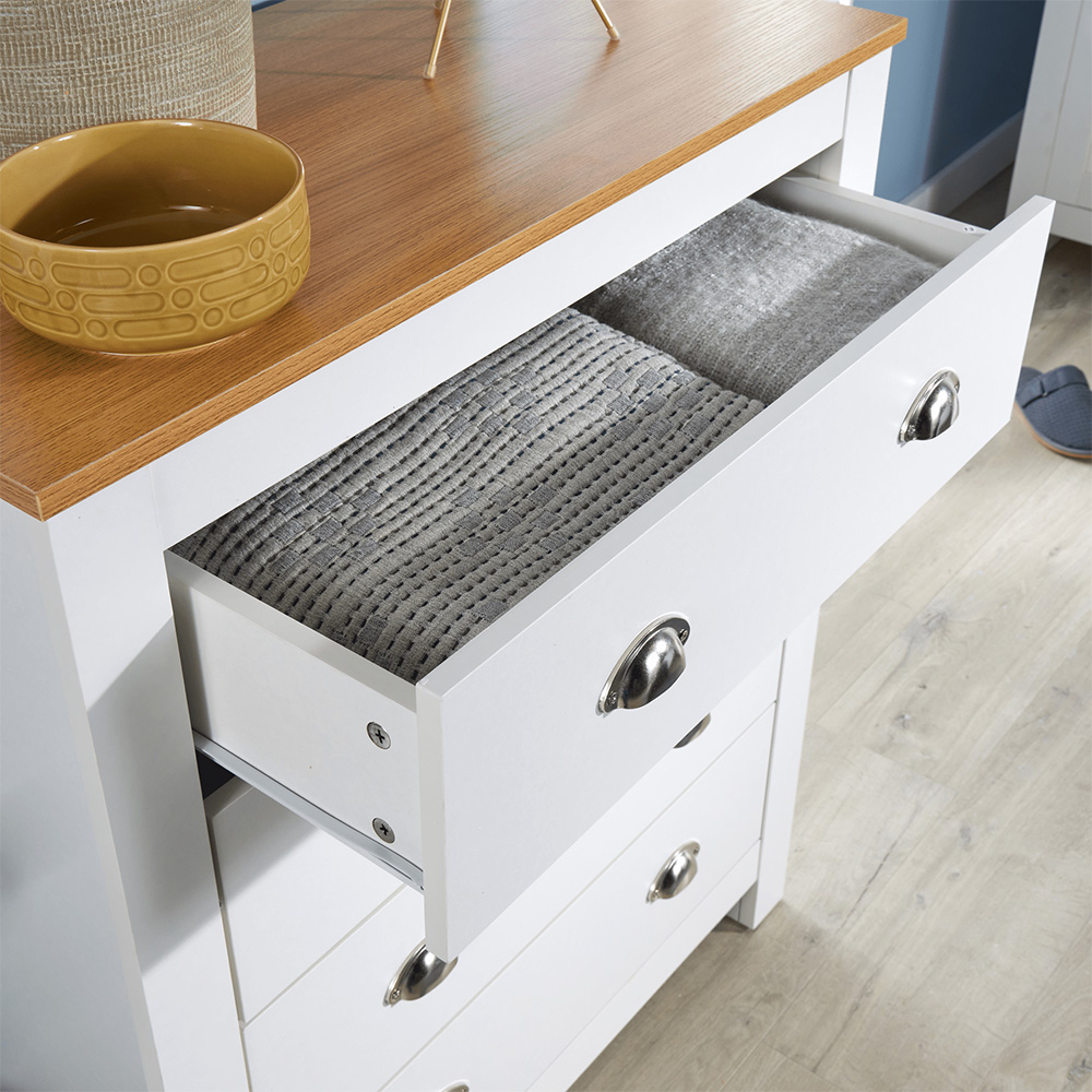 Home Source Camden 4 Drawer White Wood Chest of Drawers with Oak Top Image 4
