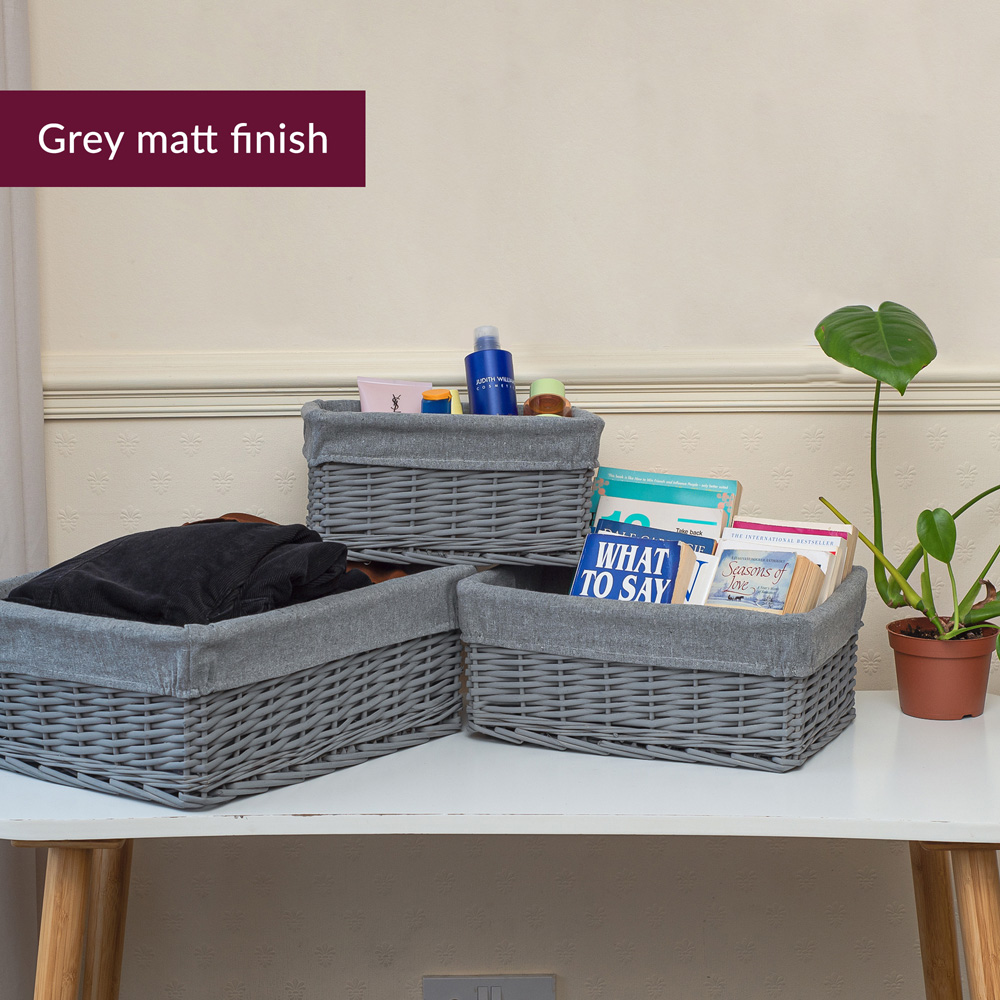 Innoteck Essentials Grey Wicker Storage Basket with Cloth Lining 3 Pack Image 4