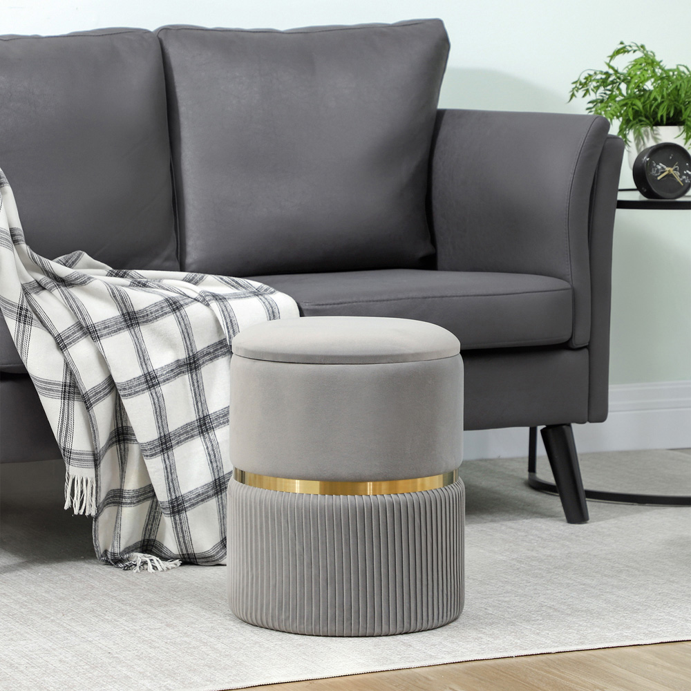 Portland Light Grey Velvet Round Pouffe Footstool with Storage Image 3