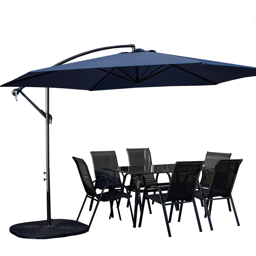 Samuel Alexander 6 Seater Glass Top Outdoor Dining Set with Blue Banana Parasol and Base Image 2